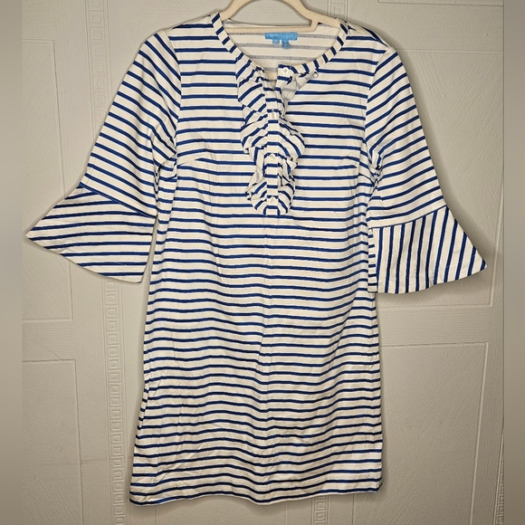 Draper James White Blue Striped Ruffle  3/4 Bell Sleeve Knee Length Dress SZ 2 - Picture 1 of 11